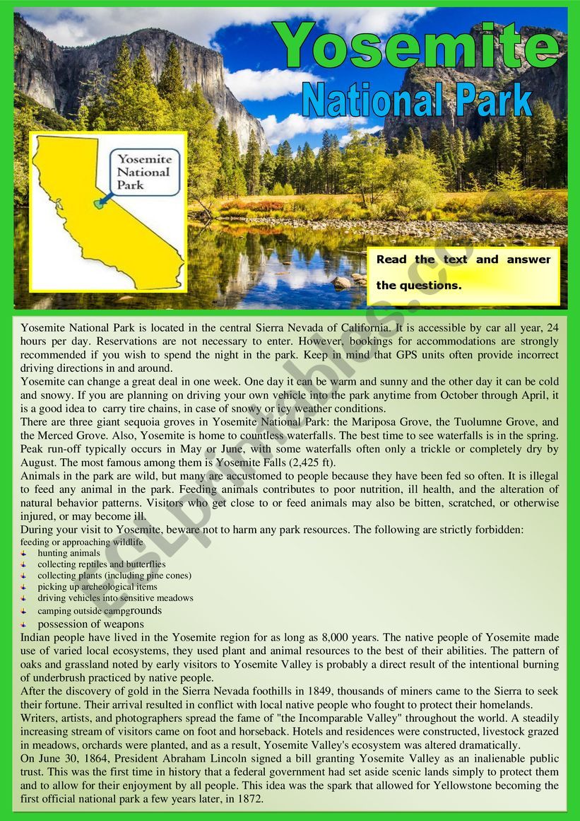 Yosemite National Park - Reading Comprehension or TEST + KEY