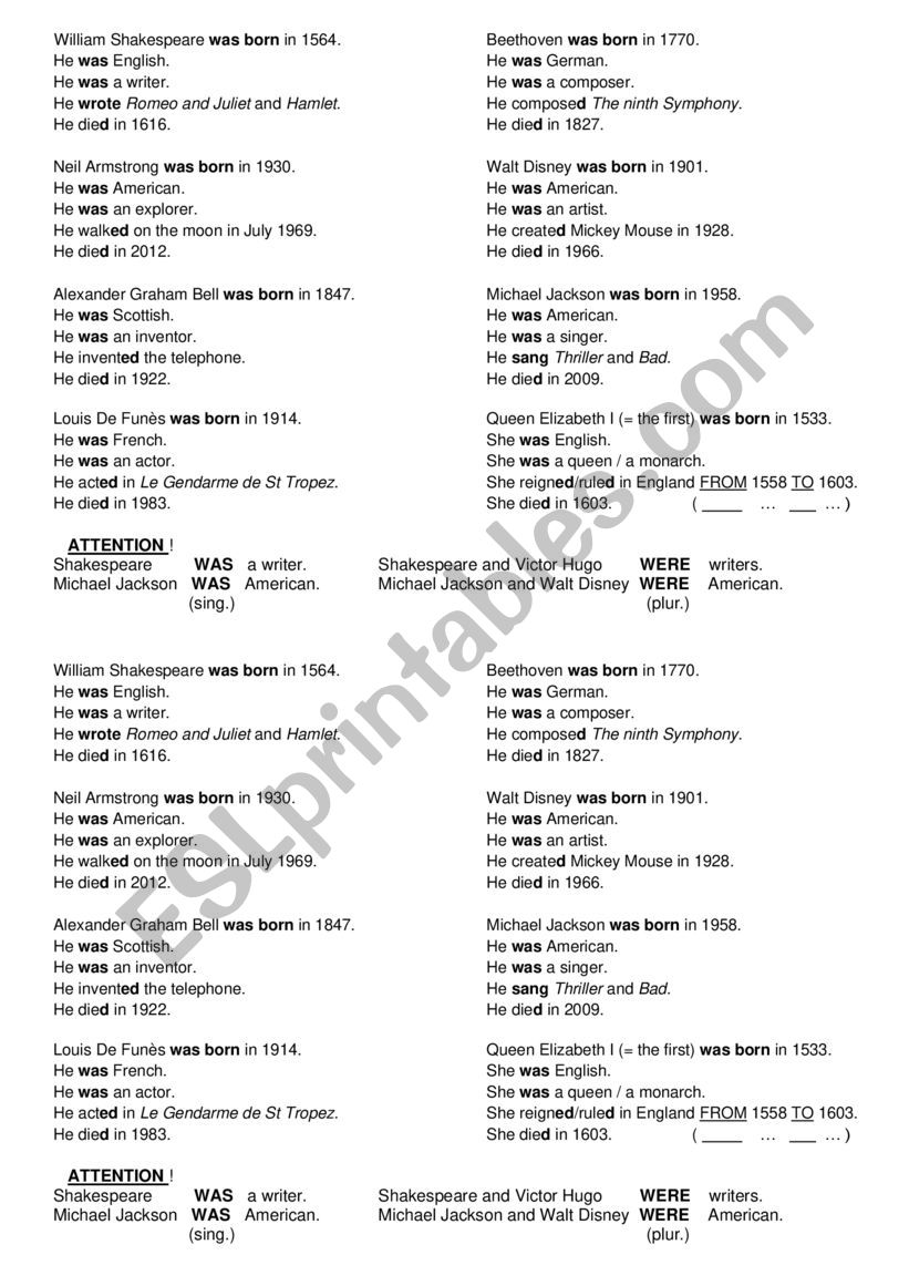 past simple and famous people worksheet