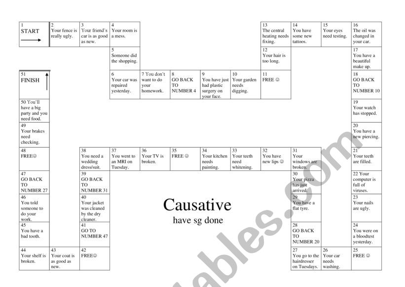 Causative boardgame worksheet