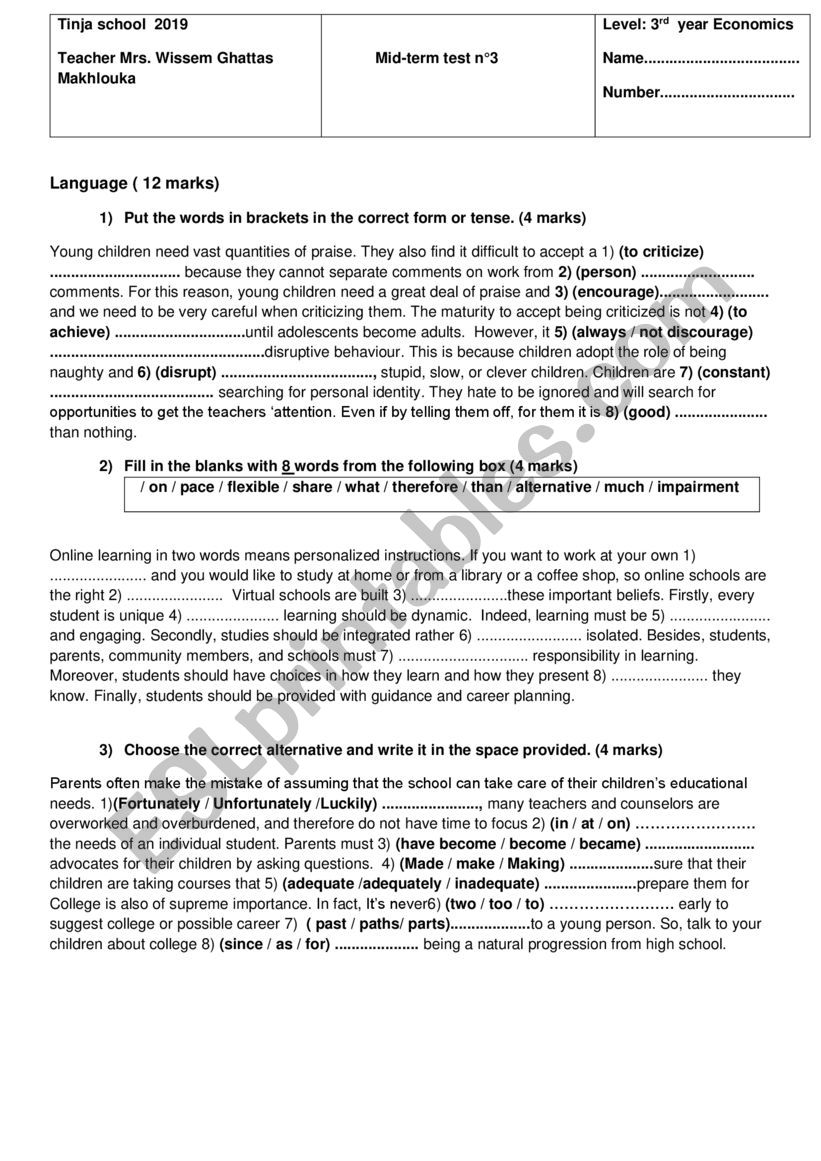 mid-term Test nÂ°3  worksheet
