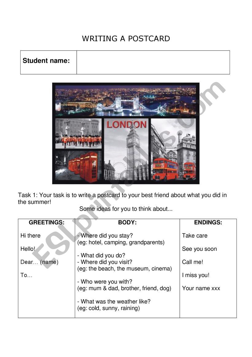 Writing A Postcard Template worksheet