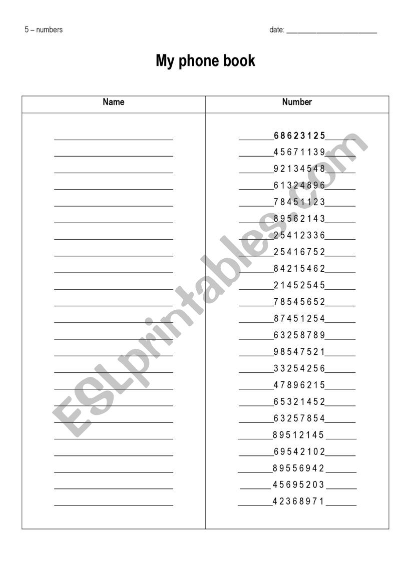 Numbers - Phone Book worksheet