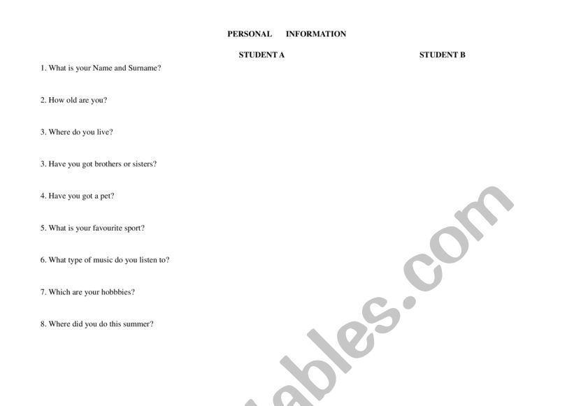 General Questions in pairs worksheet