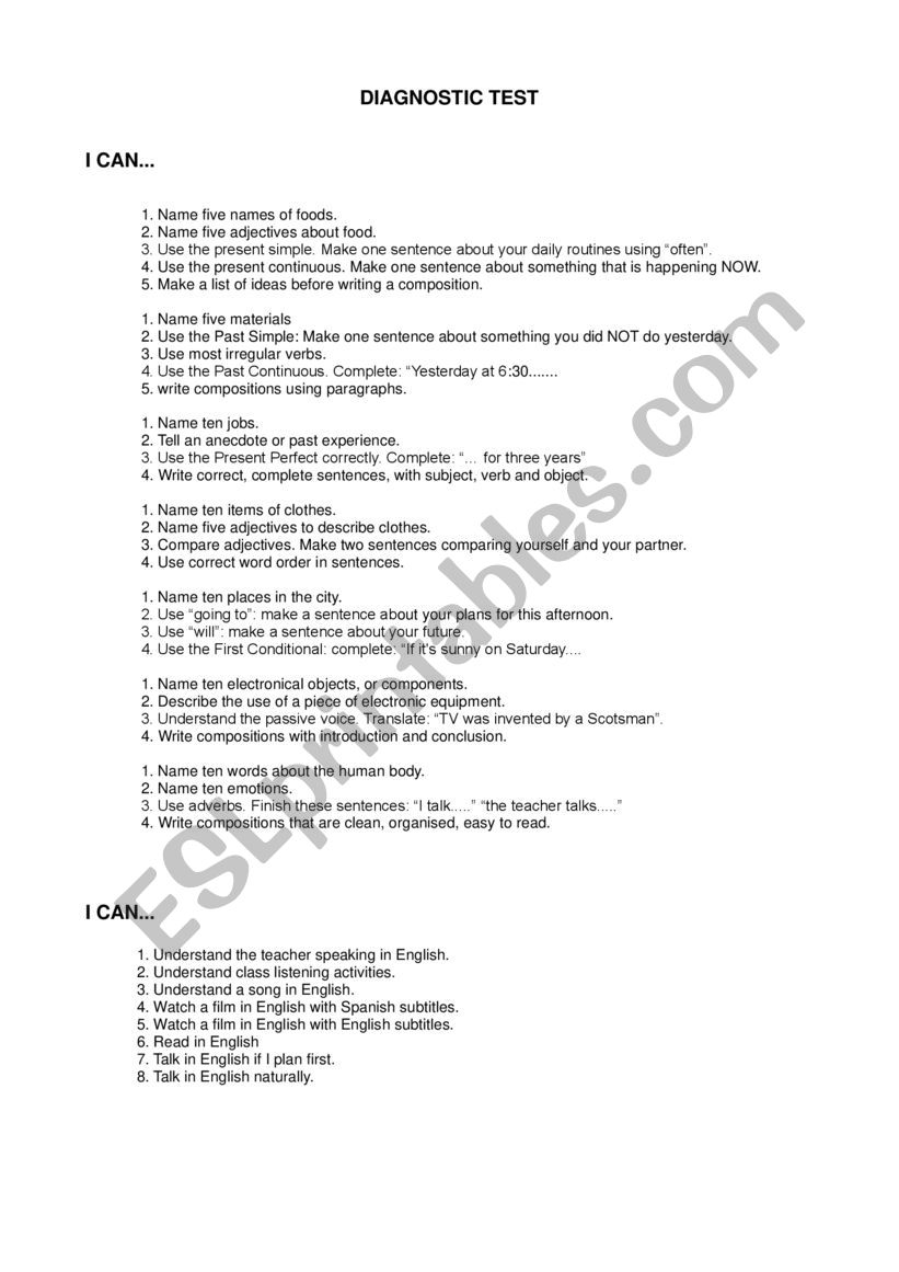 Diagnostic Test worksheet