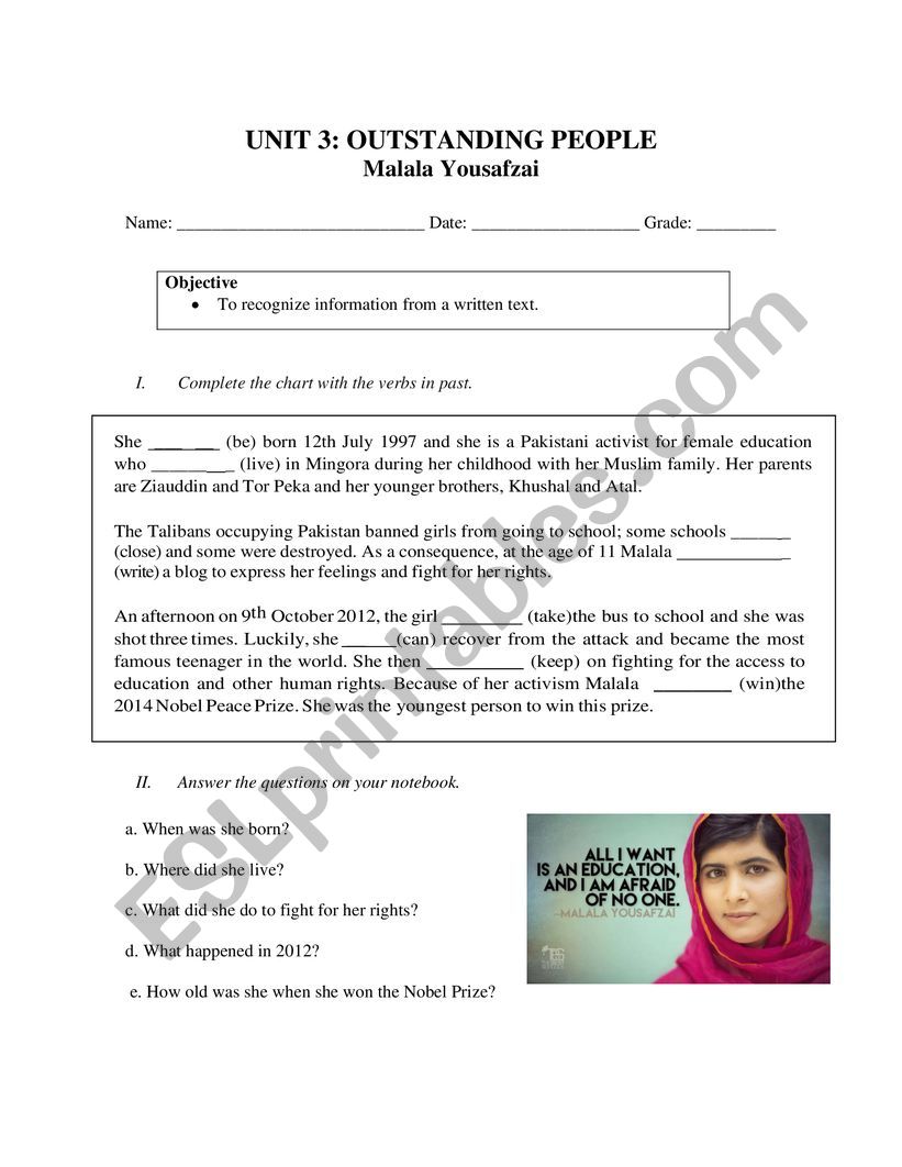 Past simple: Malala. worksheet