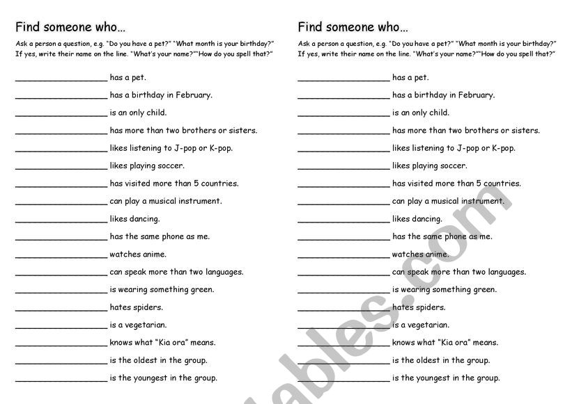 Find Someone Who - first day worksheet