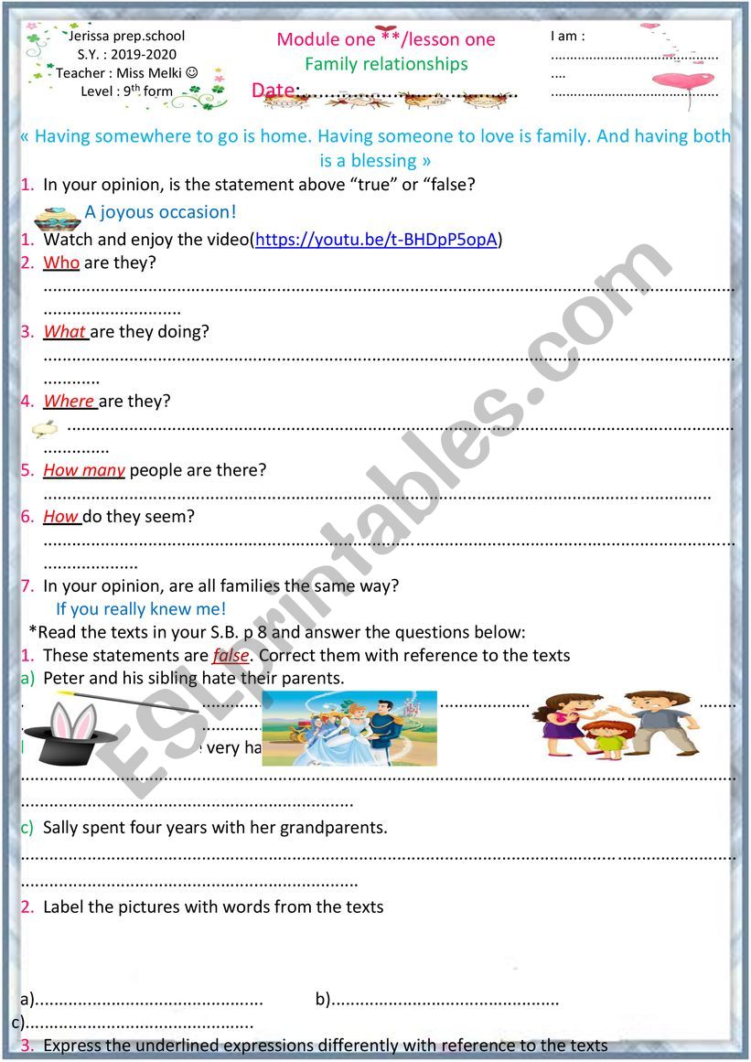 Family relationships worksheet