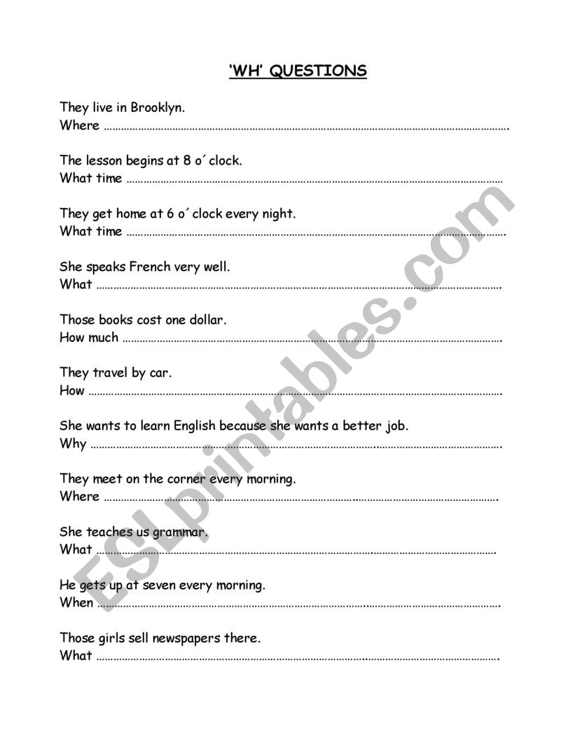 WH words worksheet