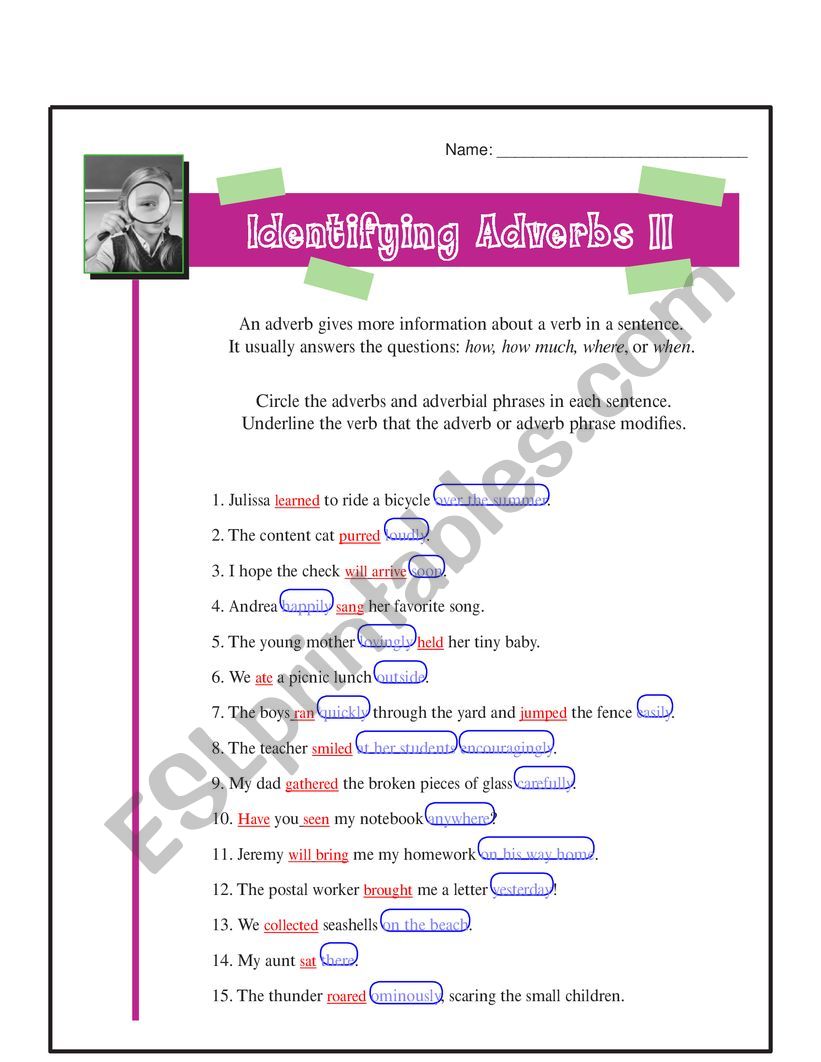 identifying adverbs esl worksheet by dilara tinsley