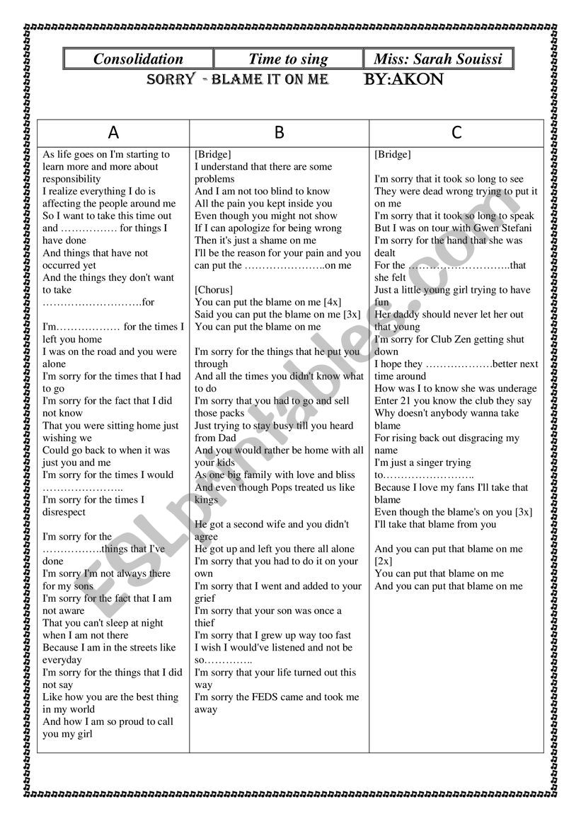 Sorry by Akon worksheet