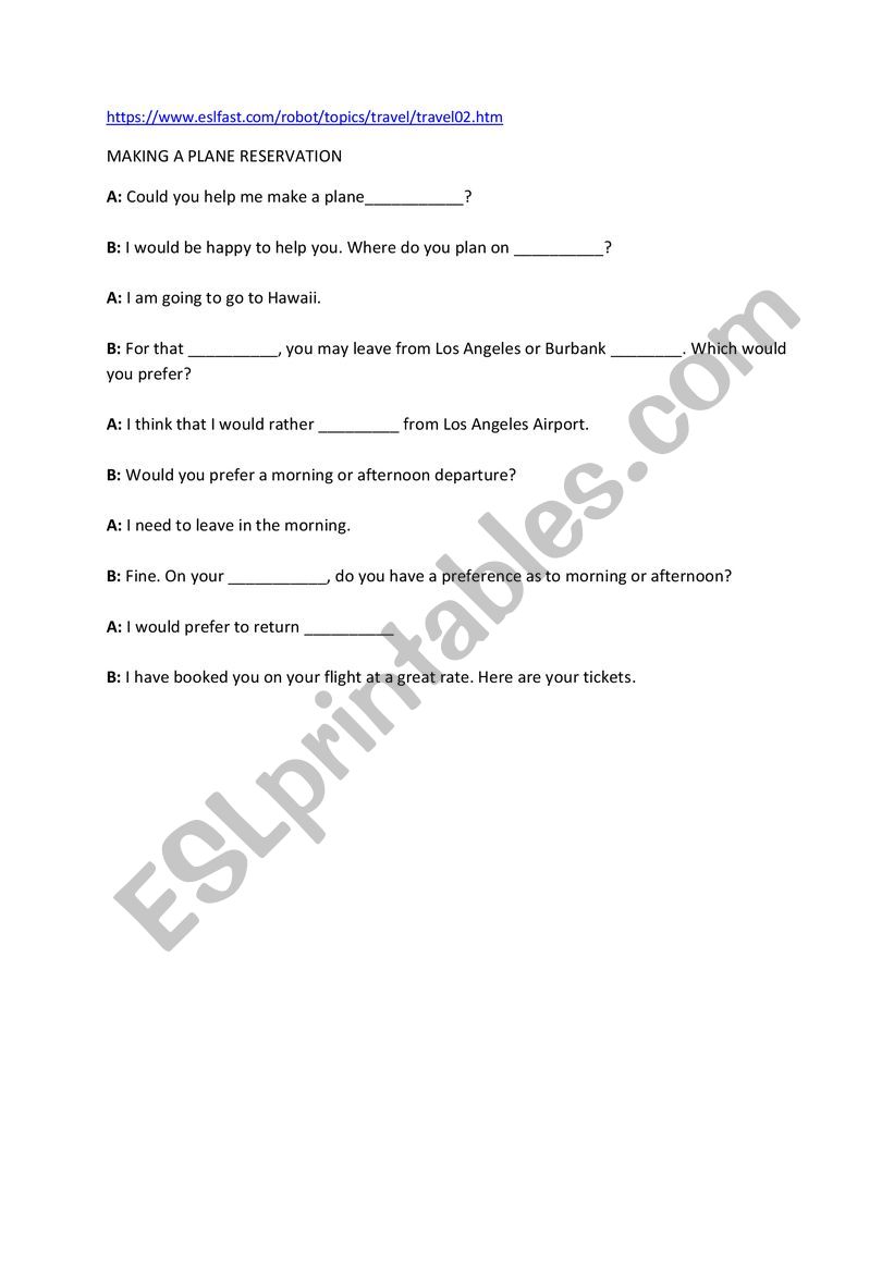 making a plane reservation worksheet