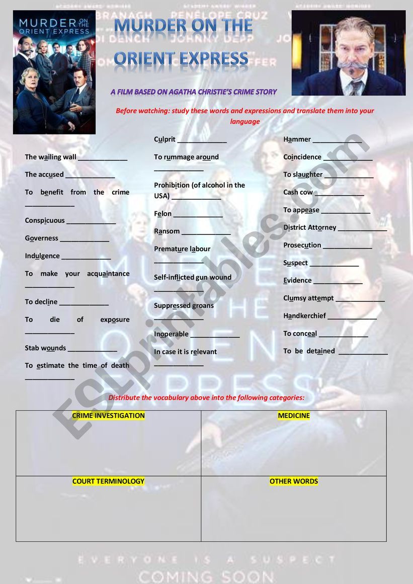 MURDER ON THE ORIENT EXPRESS full movie worksheet