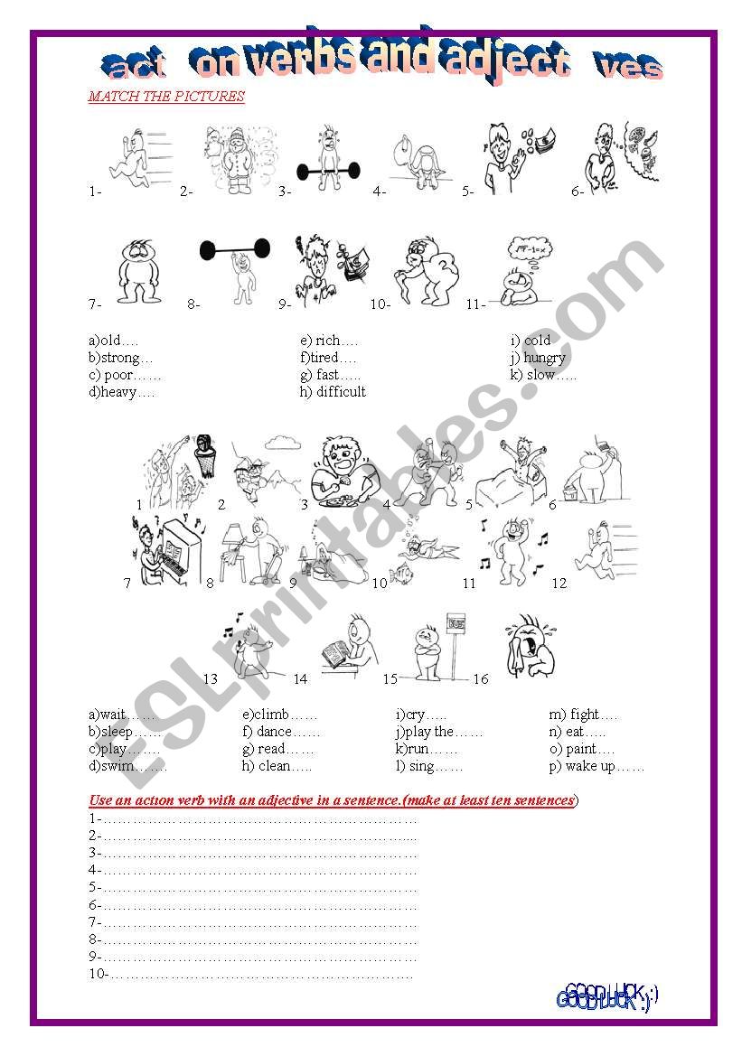 Action verbs and adjectives worksheet