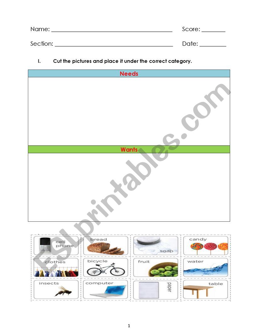 Needs and Wants worksheet