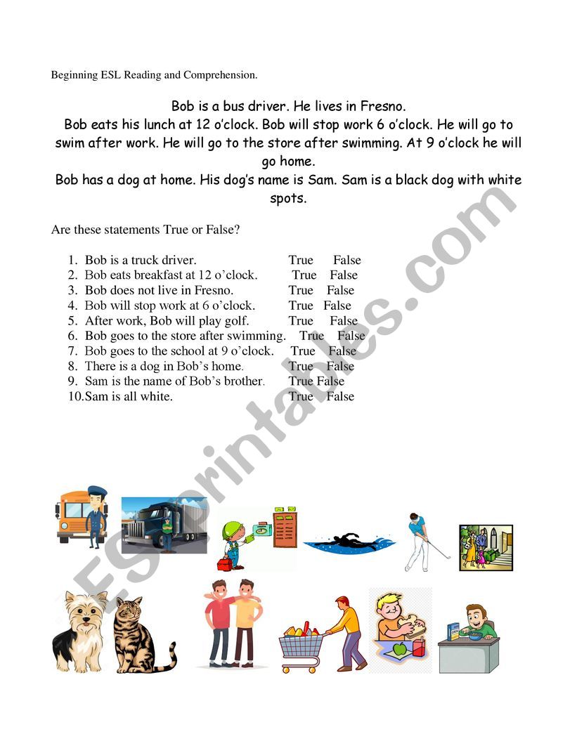 Beginning level Reading and Comprehension Passage