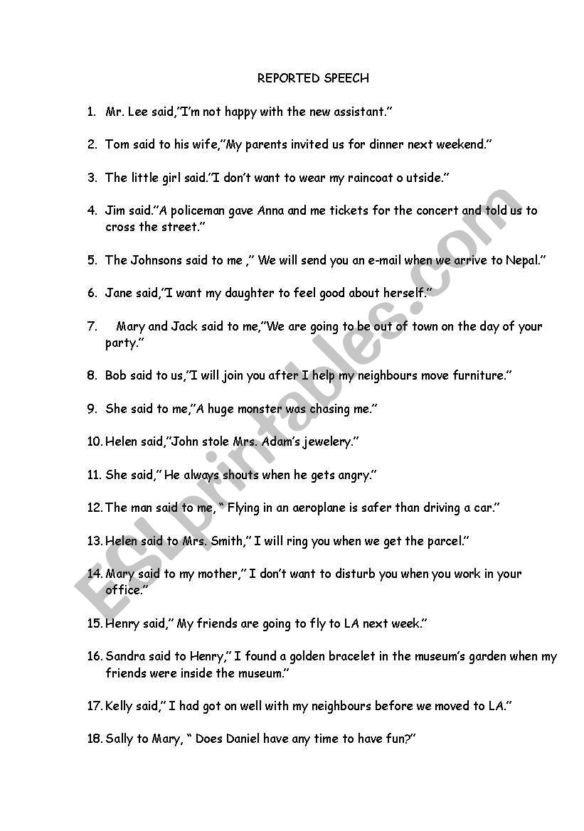 reported speech worksheet