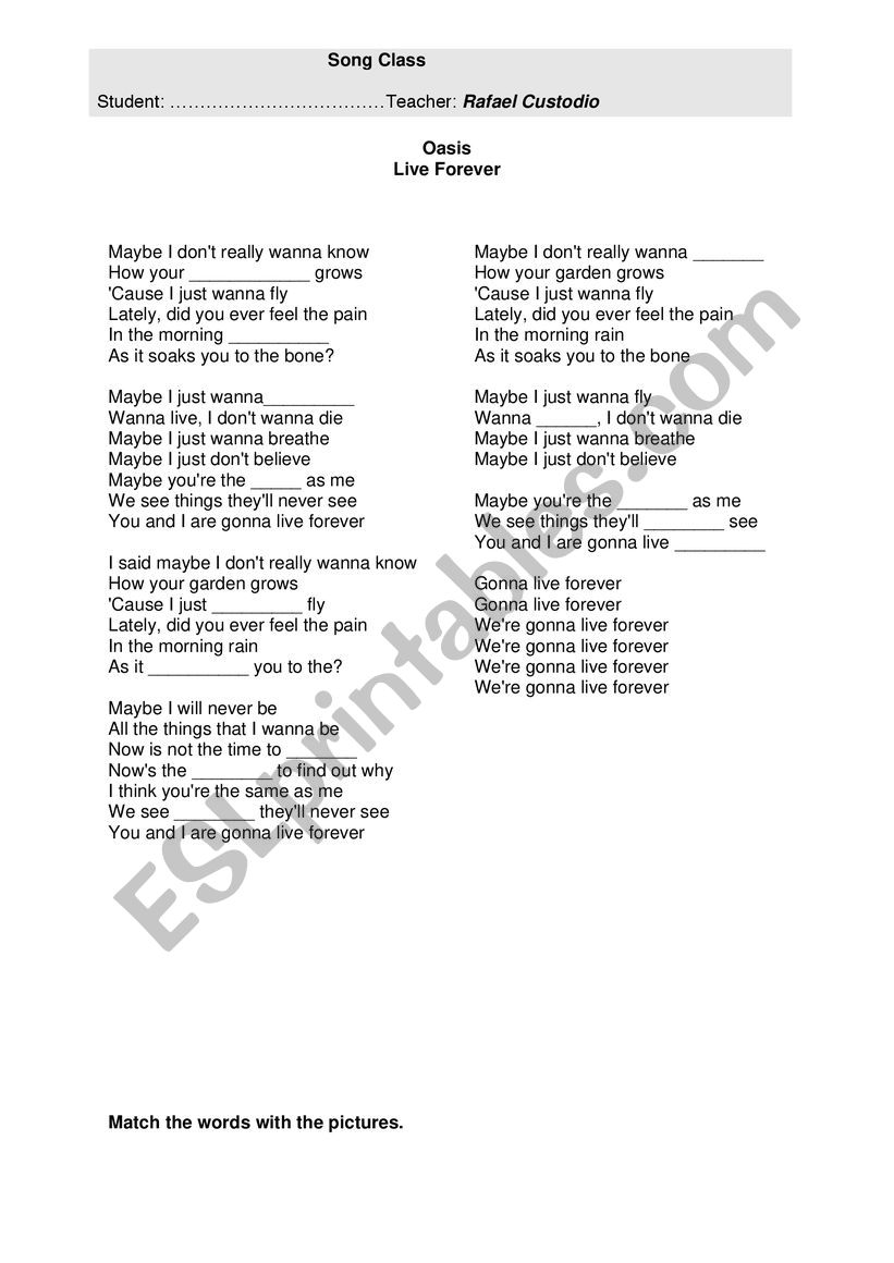 Song Class Live Forever Oasis worksheet