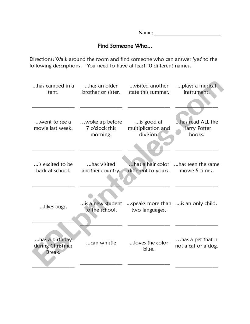 Find someone who worksheet
