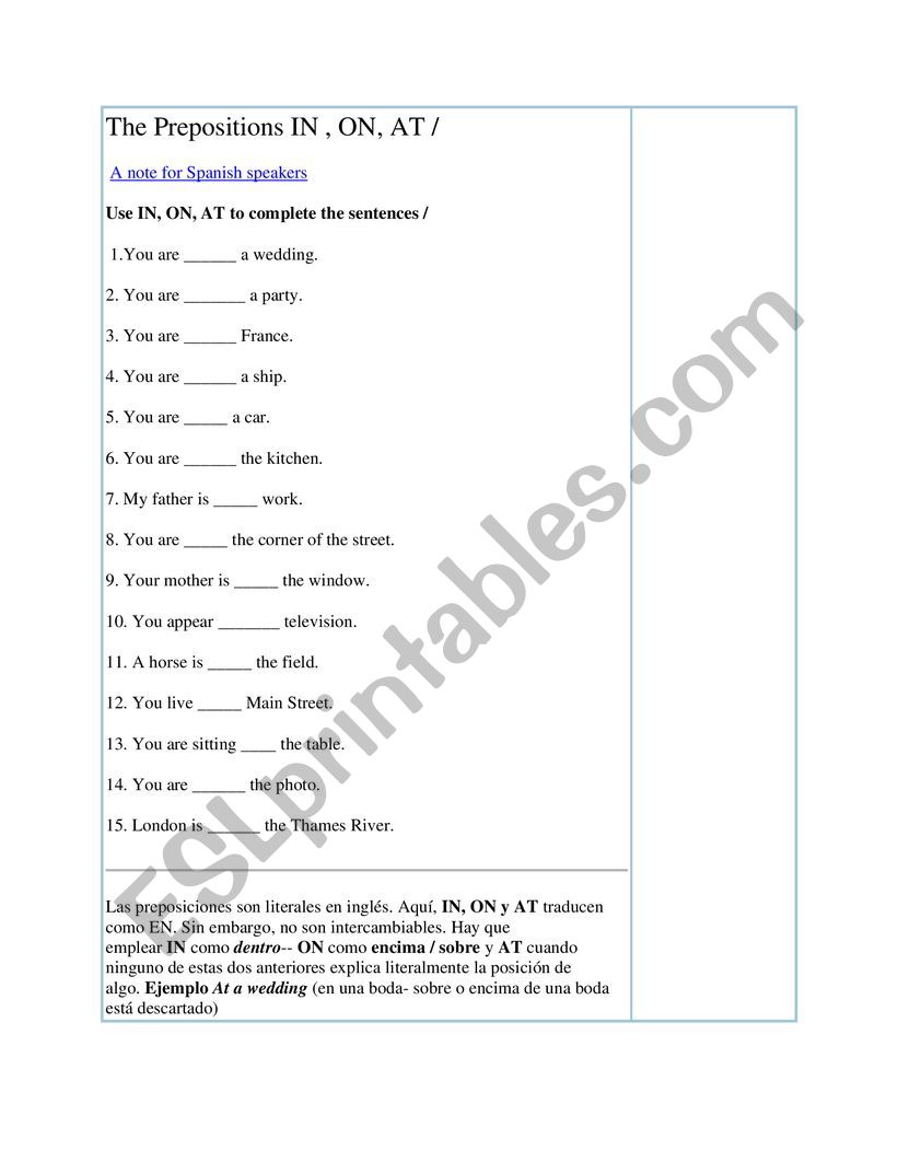 PREPOSITIONS OF PLACE worksheet