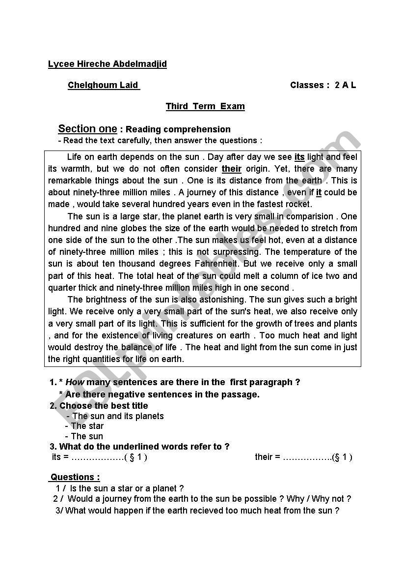 exam solar system worksheet