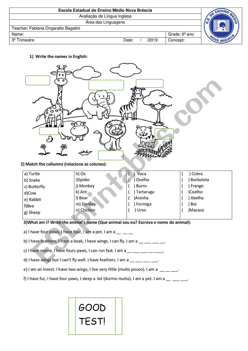 Test Animals worksheet