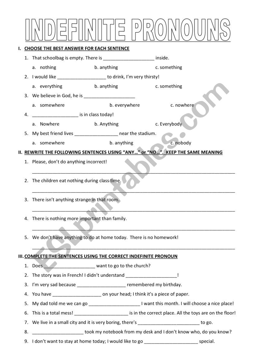 INDEFINITE PRONOUNS worksheet