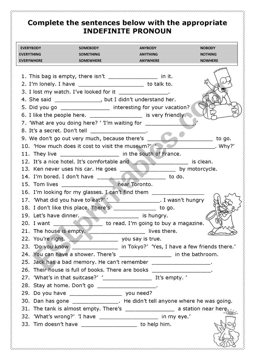 COMPLETE WITH THE CORRECT INDEFINITE PRONOUNS ESL Worksheet By Kadumeis