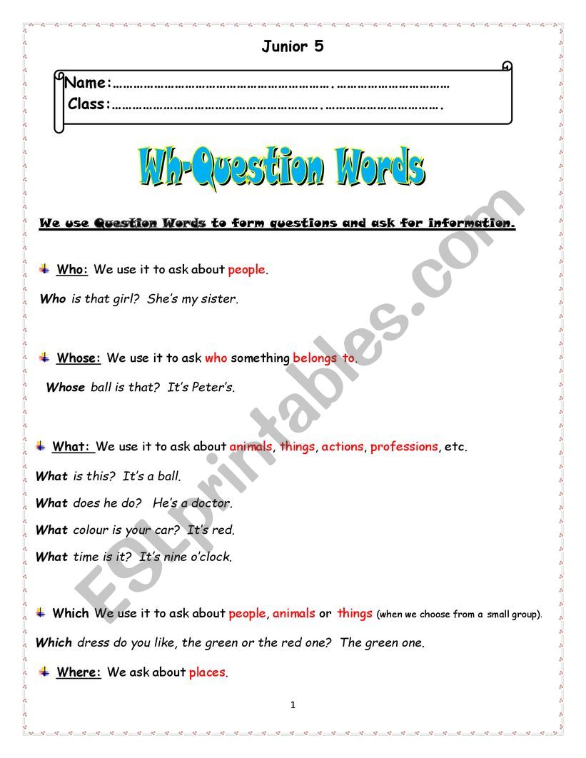wh question words worksheet