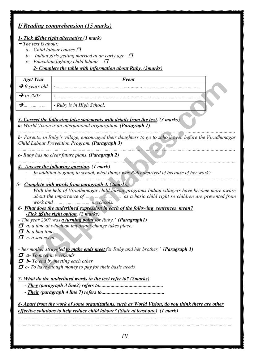 final Test1 second year worksheet