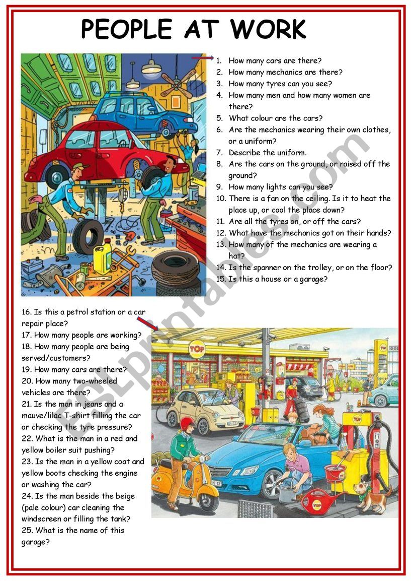 People working with cars worksheet