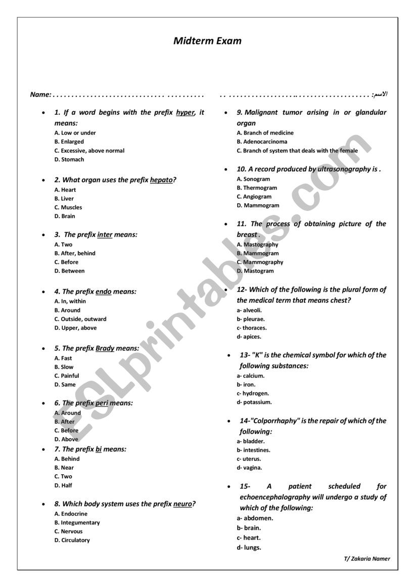 Medical Terminology quiz ESL worksheet by Zack Tiger