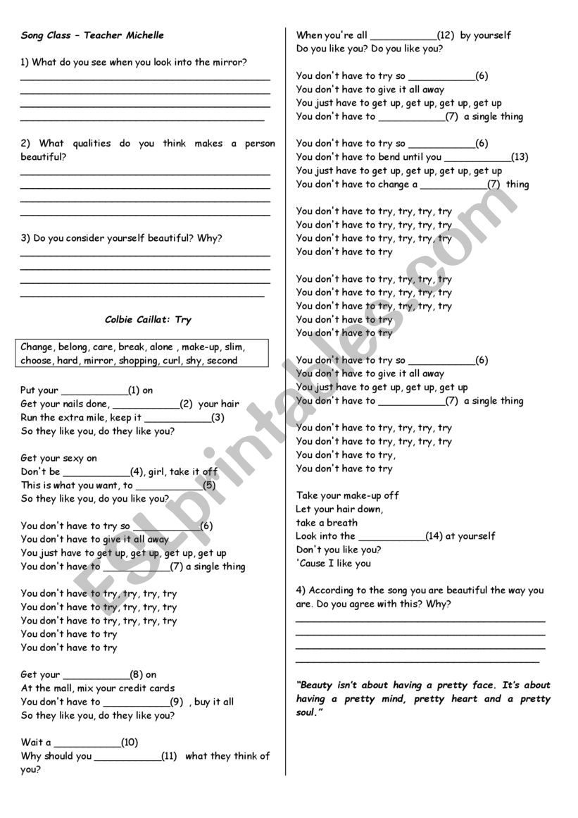 Try - Colbie Caillat worksheet