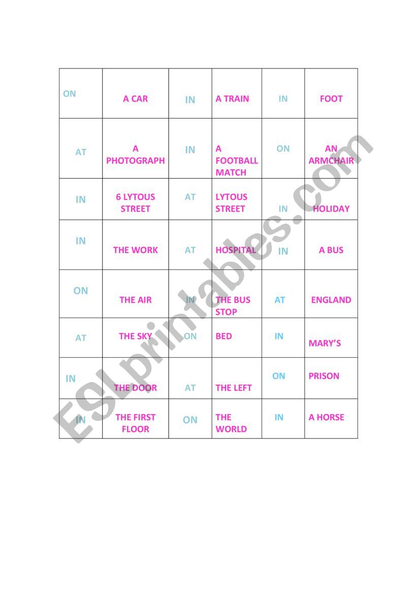 PREPOSITIONS OF PLACE worksheet