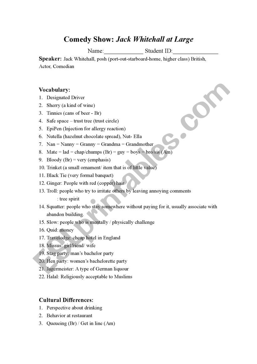 Jack Whitehall stand-up comedy Worksheet