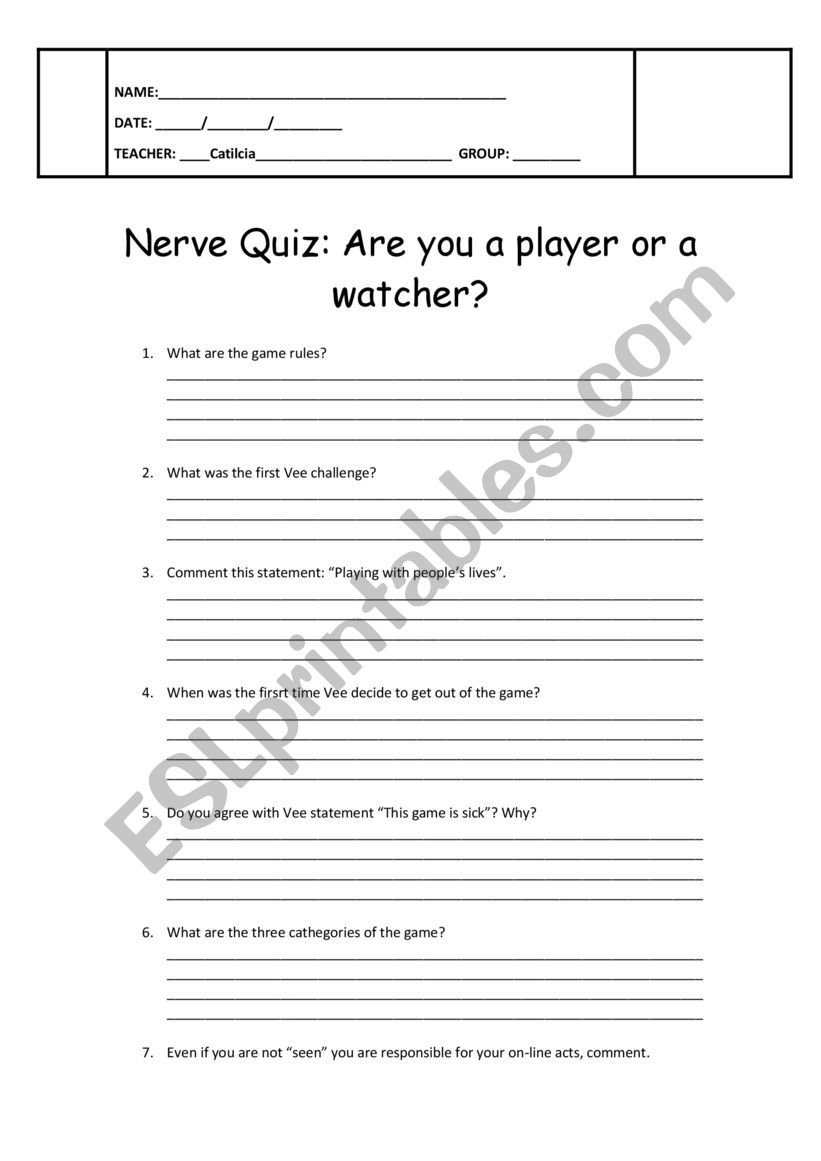 Nerve Movie worksheet