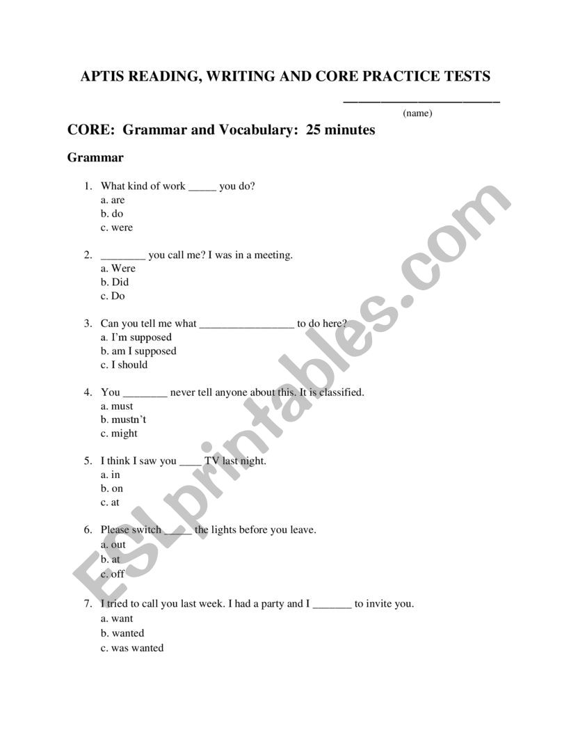 Aptis Practice Grammar Test worksheet