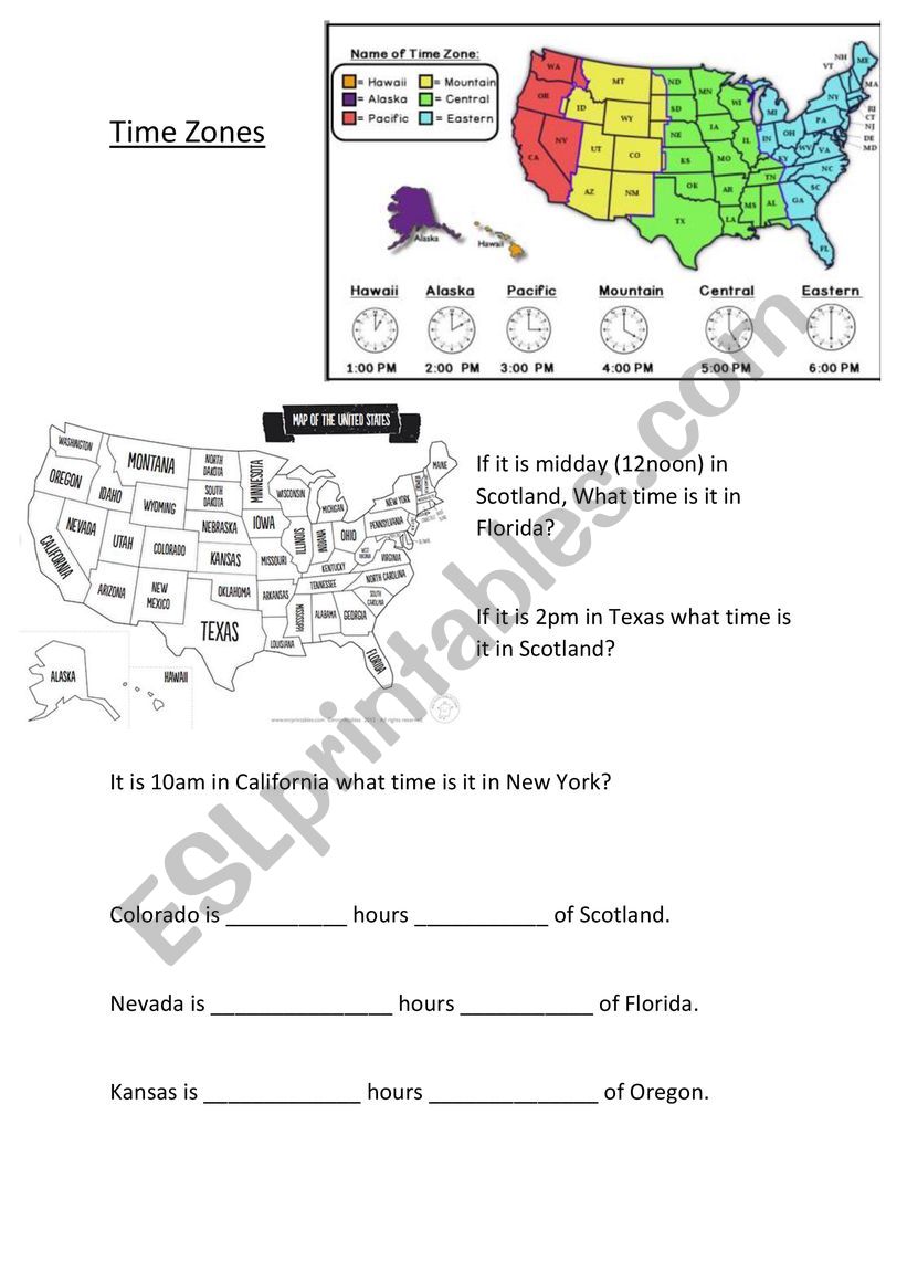 Time Zones worksheet