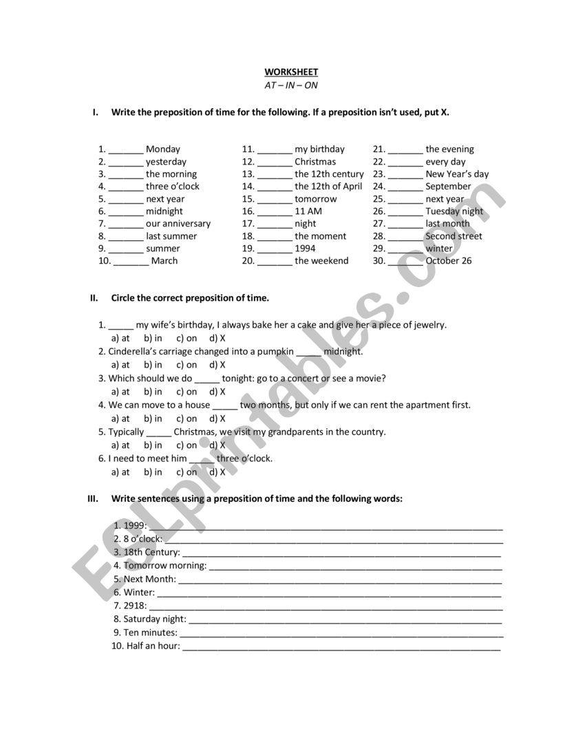 prepositions  worksheet