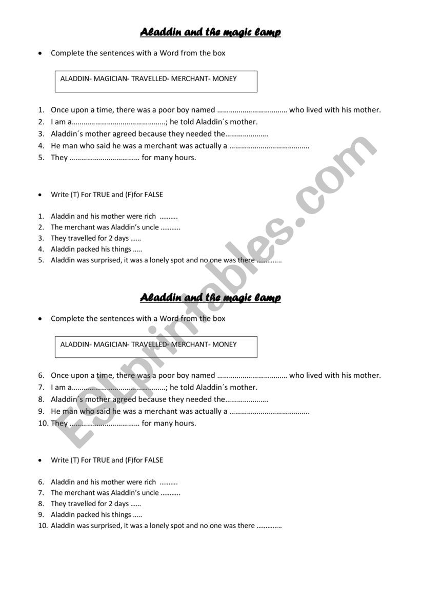 Aladin and The Magic Lamp worksheet