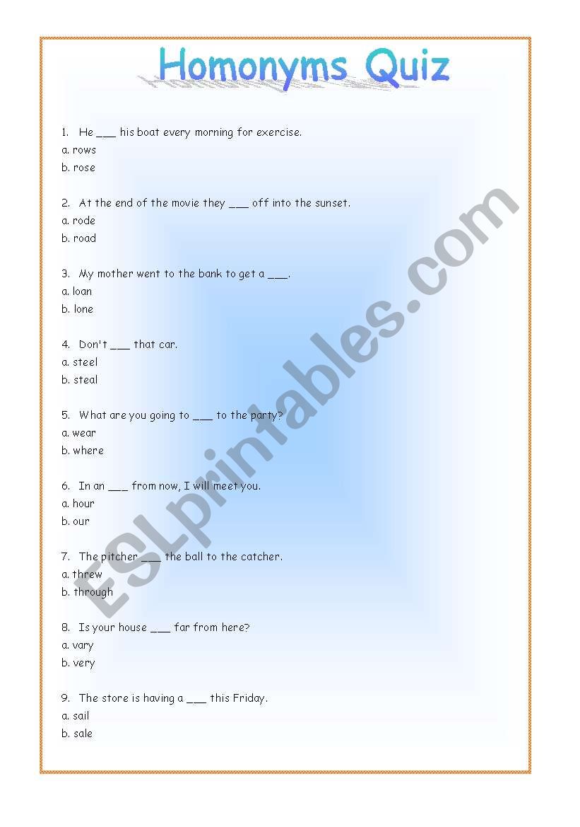 Homonyms worksheet