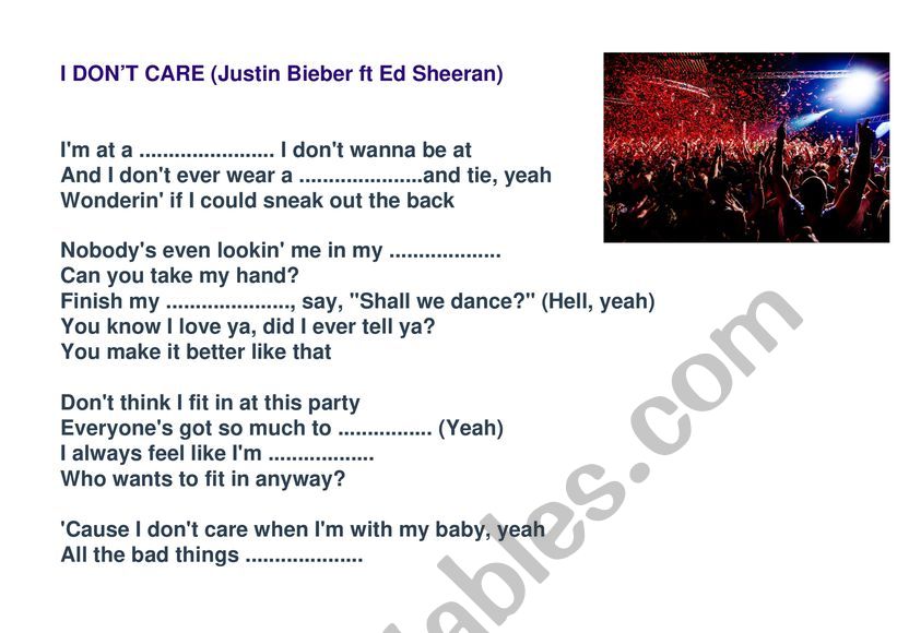 Song â€œI donâ€™t care â€œ worksheet