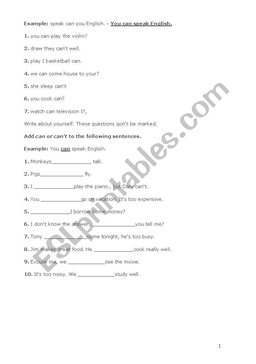 CAN OR CANT worksheet
