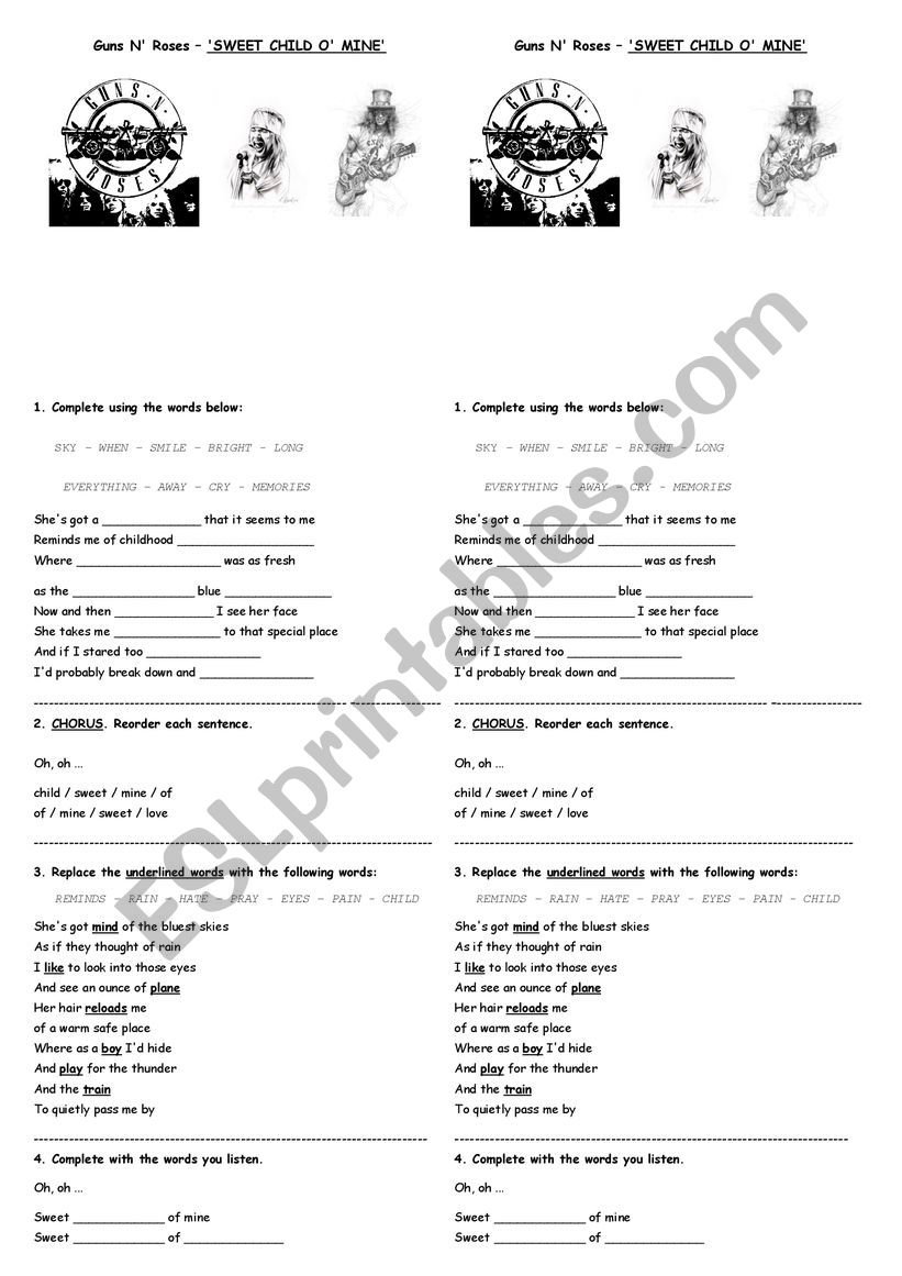 Sweet child of mine worksheet