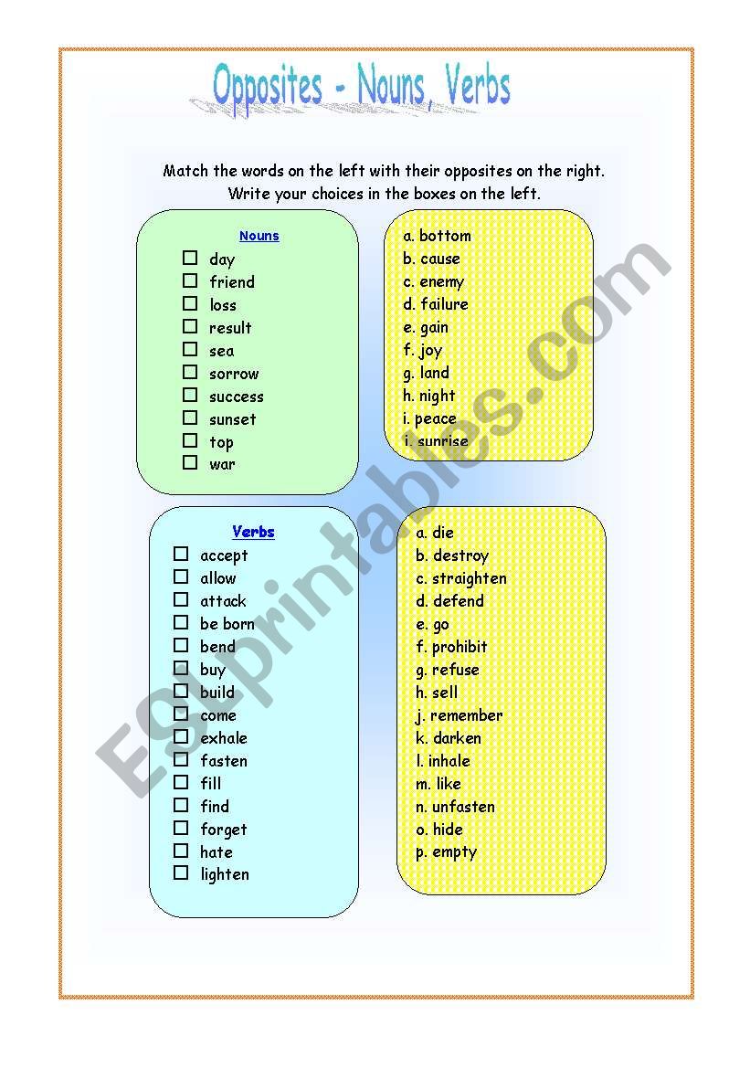 Opposites worksheet