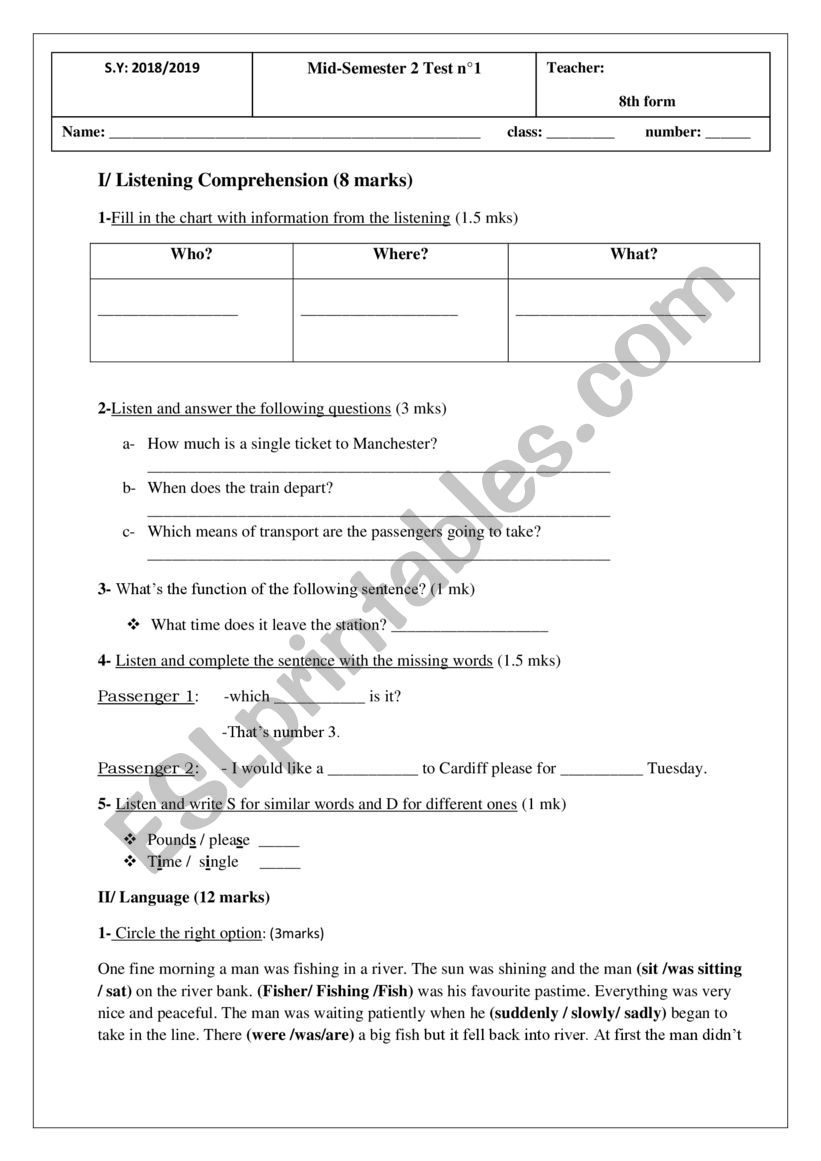 Mid-Term Test 8th Form worksheet