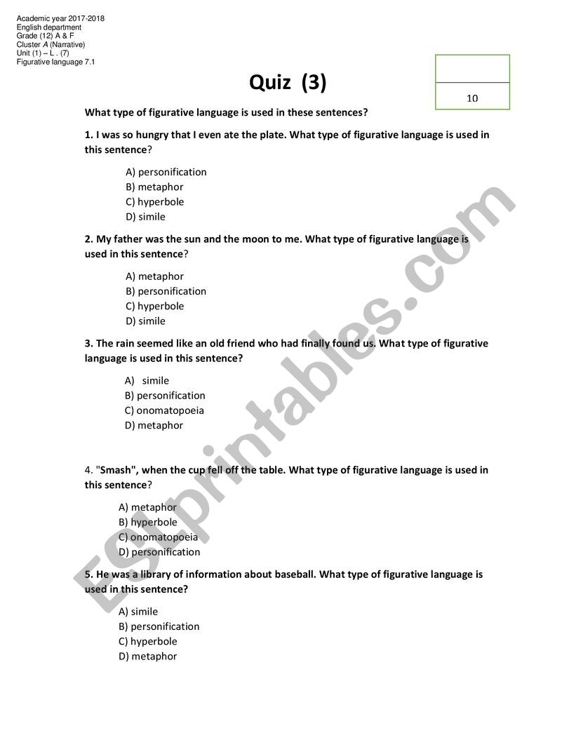 figures of speech worksheet