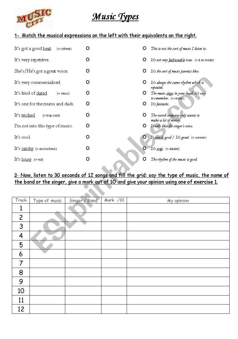 music types worksheet