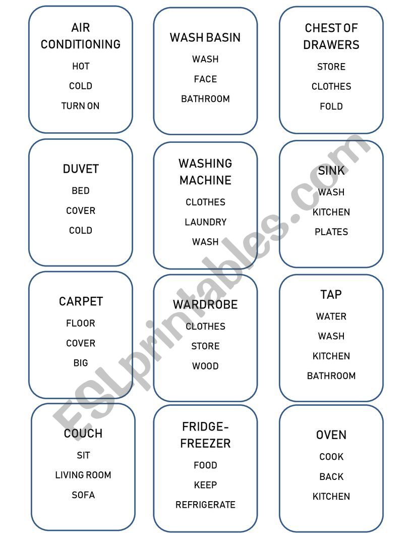 HOUSEHOLD OBJECTS TABOO CARDS worksheet