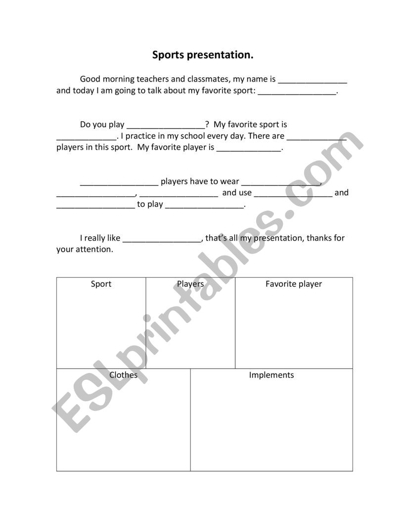 Sports Presentation  worksheet