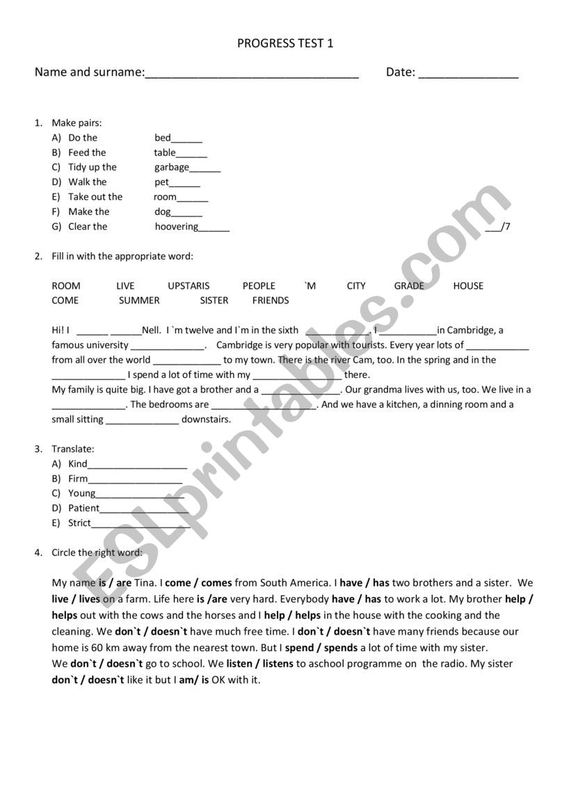 Progress test 1 worksheet